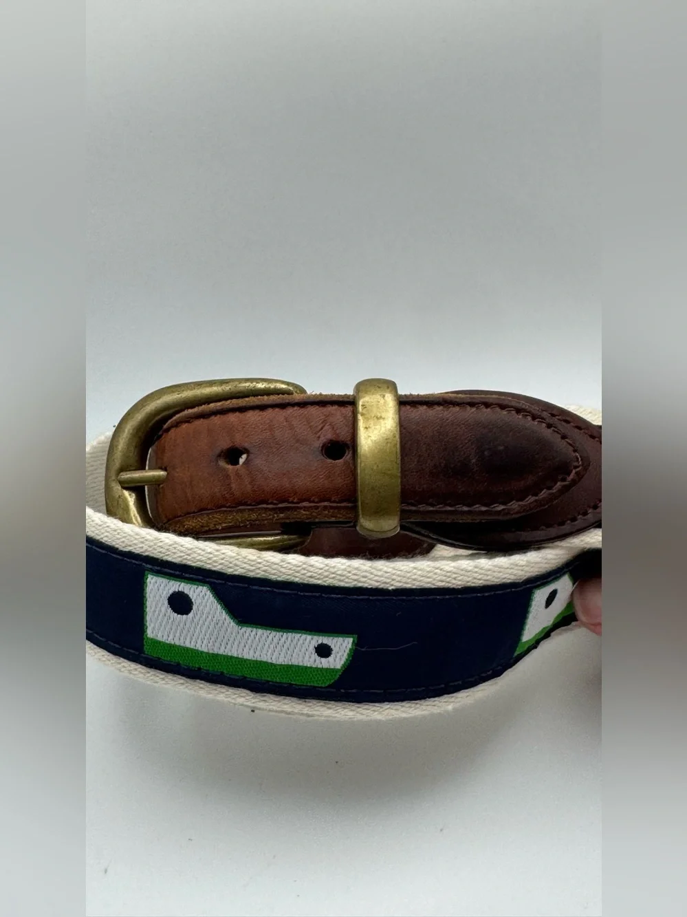 Vintage YRI Exeter NH Surcingle Belt Leather Brass Navy Green White Size 42